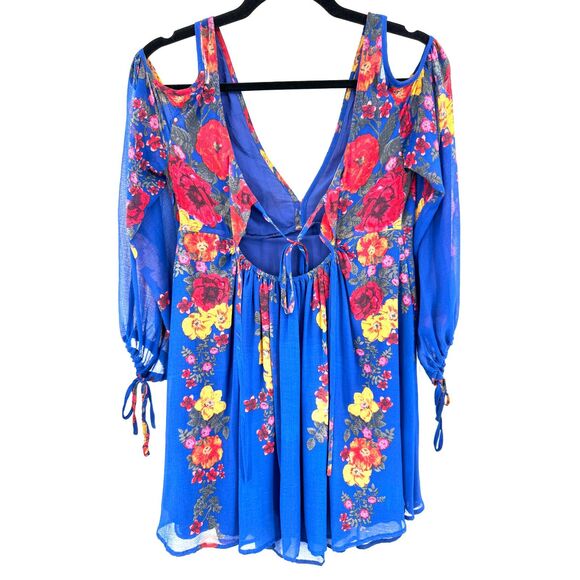 FREE PEOPLE Penny Lover Blue Floral Babydoll Semisheer Mini Dress Size XS - Picture 5 of 7